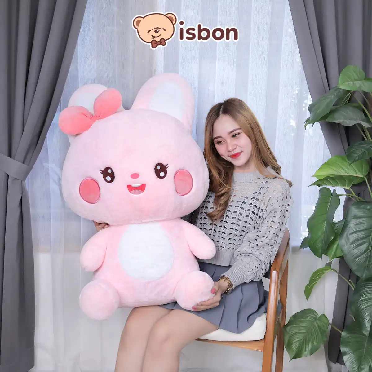 ISTANA BONEKA Kelinci Sit Pinky Bunny Jumbo 30in with Pita Lucu Nyaman untuk Mainan Anak Hadiah Spesial Ulang Tahun Cowok Cewek Rabbit